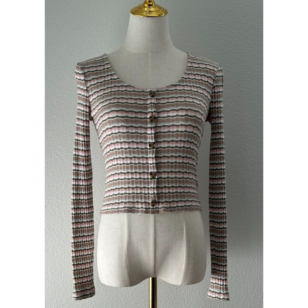 Hippie Rose Ribbed Stripe Button Front Crop Top XS Long Sleeve Y2K Soft Girl 90s